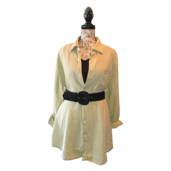Women's Merona Pea Green 100% Linen Boxy Button Up Shirt Large Boxy Lagenlook - Picture 1 of 10